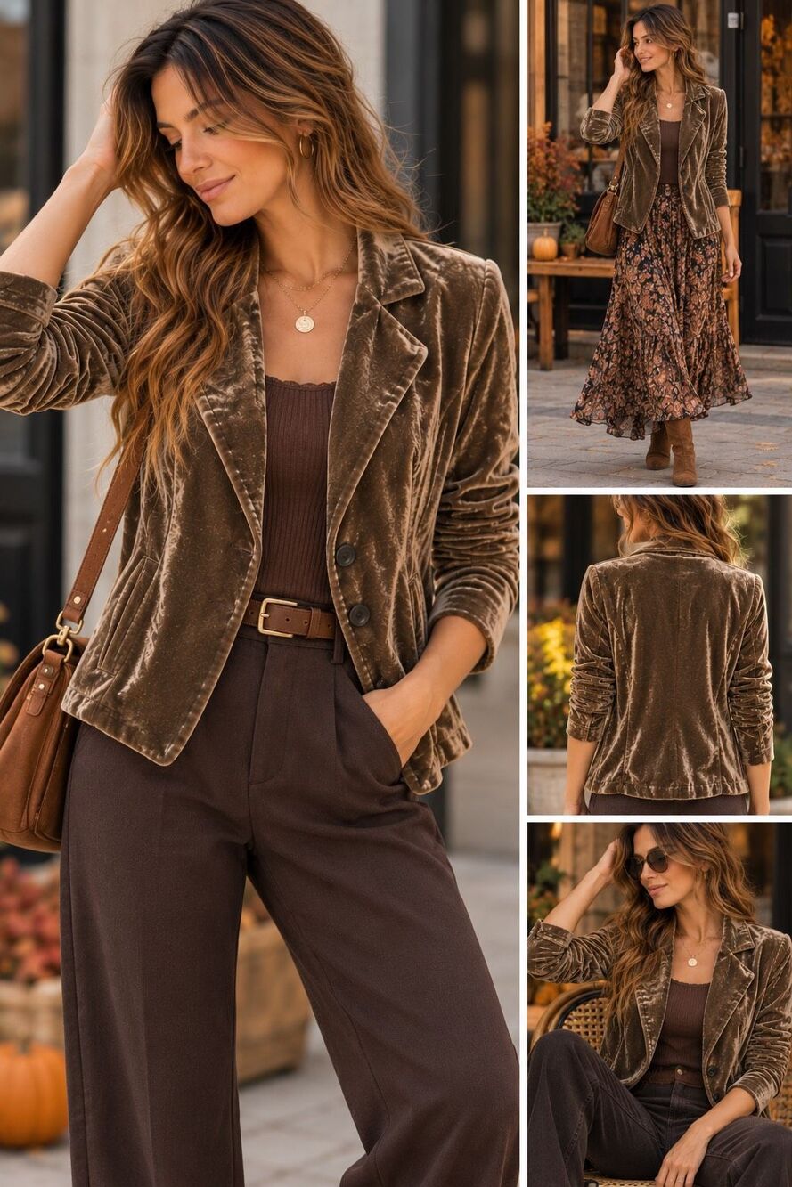 Mystree Velvet Blazer Jacket Brown Floral Lined 2 Button Career Boho S Minimalis